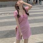Puff-sleeve Gingham Check Mini Dress Pink - One Size