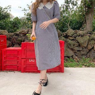 Eyelet Lace Collar Check Dress Black - One Size