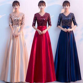 Elbow-sleeve V-neck Sequined A-line Evening Gown