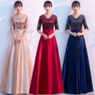 Elbow-sleeve V-neck Sequined A-line Evening Gown