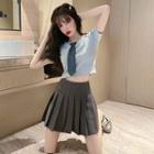 Short-sleeve Cropped T-shirt With Necktie / Pleated Mini A-line Skirt / Set