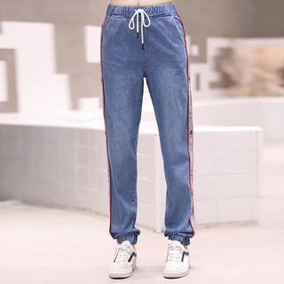 Embroidered Drawstring Straight-cut Jeans
