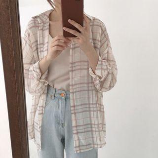 Plaid Long-sleeve Shirt Almond - One Size