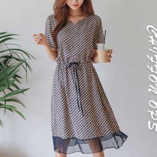 Tulle-hem Patterned Midi Dress