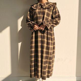 Long-sleeve Midi Plaid Dress Black - One Size