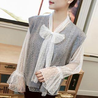 Long-sleeve Polka Dot Mesh Ribbon Blouse