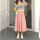 Striped Short-sleeve Knit Top / Midi A-line Skirt