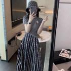 Set: Applique Short-sleeve T-shirt + Flower Print Midi A-line Skirt
