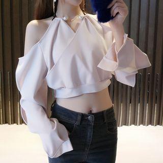 Open Shoulder Cropped Long-sleeve Top