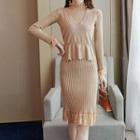 Set: Long-sleeve Midi Sheath Knit Dress + Vest