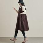 Plain Corduroy Midi A-line Overall Dress Red & Brown - One Size