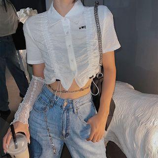 Short-sleeve Lettering Embroidered Drawstring Crop Shirt