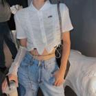 Short-sleeve Lettering Embroidered Drawstring Crop Shirt