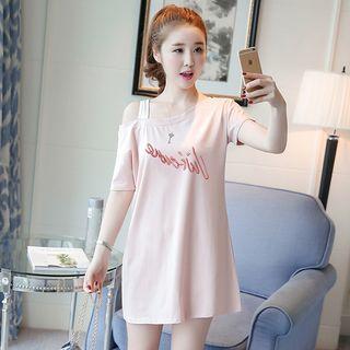 Lettering Off-shoulder Short-sleeve T-shirt Dress