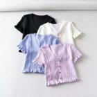 Short Sleeve Pointelle Ruffled-trim Crop Cardigan