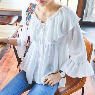 Long-sleeve Tie-front Frilled A-line Top