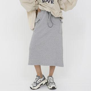 Drawstring-waist Flap-pocket Midi Skirt