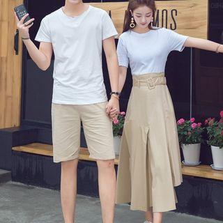 Couple Matching Plain Short-sleeve T-shirt / High Waist Midi Skirt / Plain Shorts