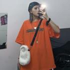 Lettering Elbow-sleeve T-shirt Tangerine - One Size
