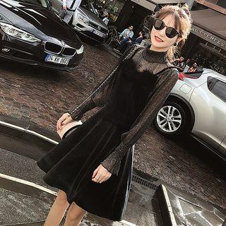 Set: Long-sleeve Mesh Top + Spaghetti-strap Furry Trim A-line Dress