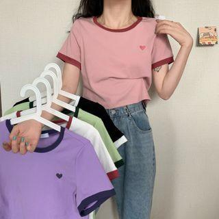 Color Block Heart Embroidered Short-sleeve Top