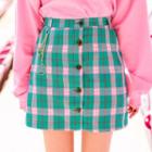 Button Front Check Mini Skirt