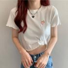 Round-neck Logo Embroidery Frill Hem Top