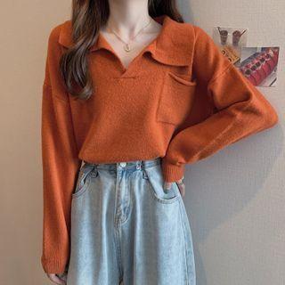 Long-sleeve Polo-neck Cropped Knit Sweater