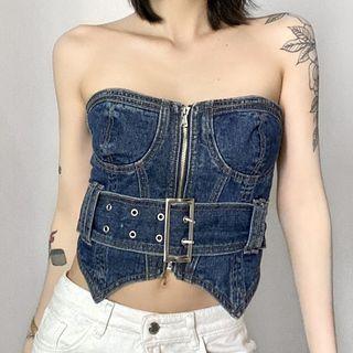 Belted Zip-up Denim Corset Top