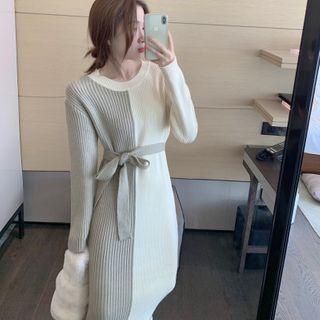 Two-tone Tie-waist Knit Midi Dress