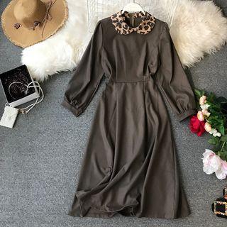 Long-sleeve Leopard Print Collar Midi Dress