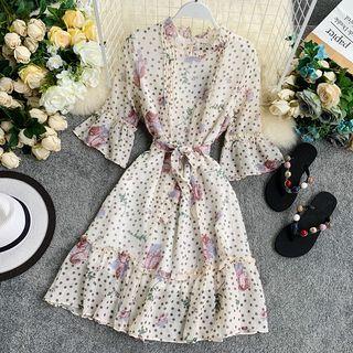 3/4-sleeve Polka Dot Floral A-line Dress White - One Size
