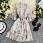 3/4-sleeve Polka Dot Floral A-line Dress White - One Size