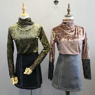 High Neck Lace Panel Long-sleeve T-shirt