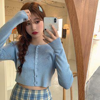 Round Neck Plain Cardigan / High-waist Plaid Split Mini Skirt