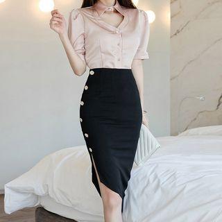 Set: Short-sleeve Shirt + Asymmetric Midi Pencil Skirt