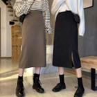 Woolen High-waist Slit Midi Skirt