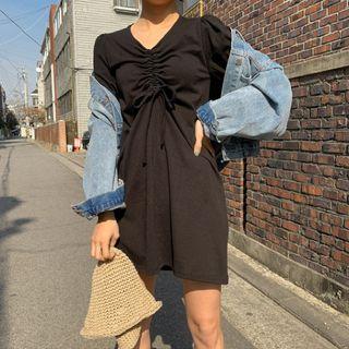 Drawstring-front Puff-sleeve Minidress
