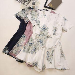 V-neck Print Wide-leg Romper