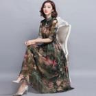 Floral Print Elbow-sleeve Midi Chiffon Dress