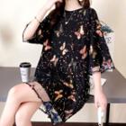 Elbow-sleeve Butterfly Print Mesh T-shirt