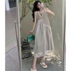 Sleeveless V-neck Sheer Dress Khaki - One Size