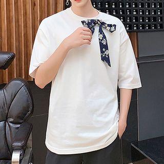 Crew-neck Elbow-sleeve T-shirt With Flower Print Tie