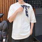 Crew-neck Elbow-sleeve T-shirt With Flower Print Tie