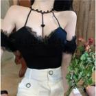 Floral Choker / Cold-shoulder Smocked Blouse