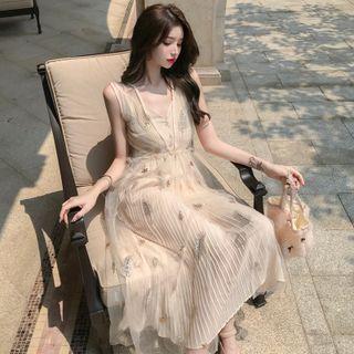 Spaghetti Strap Accordion Pleated Midi A-line Dress / Mesh Midi Dress / Cardigan