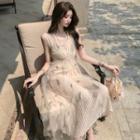 Spaghetti Strap Accordion Pleated Midi A-line Dress / Mesh Midi Dress / Cardigan