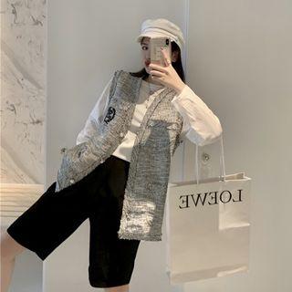 Plain Long-sleeve T-shirt / High-waist Shorts / Embroidered Tweed Vest