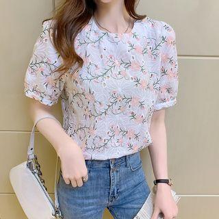 Short-sleeve Floral Print Eyelet Lace Blouse