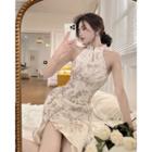Sleeveless Floral Slit Midi Qipao Dress Off-white - One Size